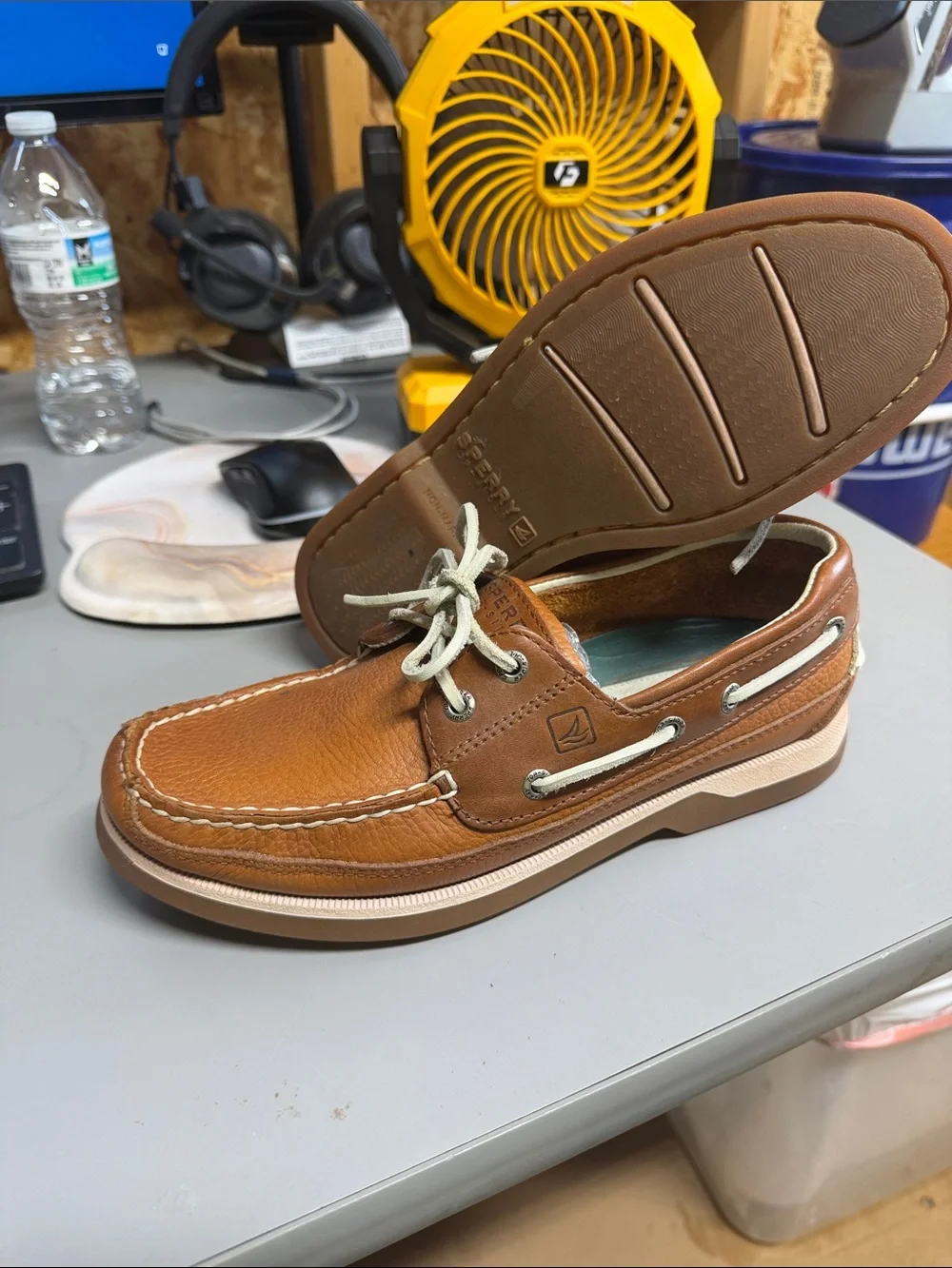 Sperry Cognac Brown Leather Boat Shoes with Cream Laces